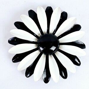 Vintage 1970's Large Enamel Black and White Metal Button Flower Brooch